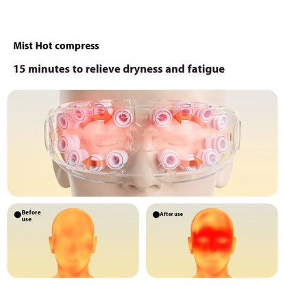 Bluetooth hot compress and steam moisturising eye massager device in purplish grey, green, or ink grey colour
