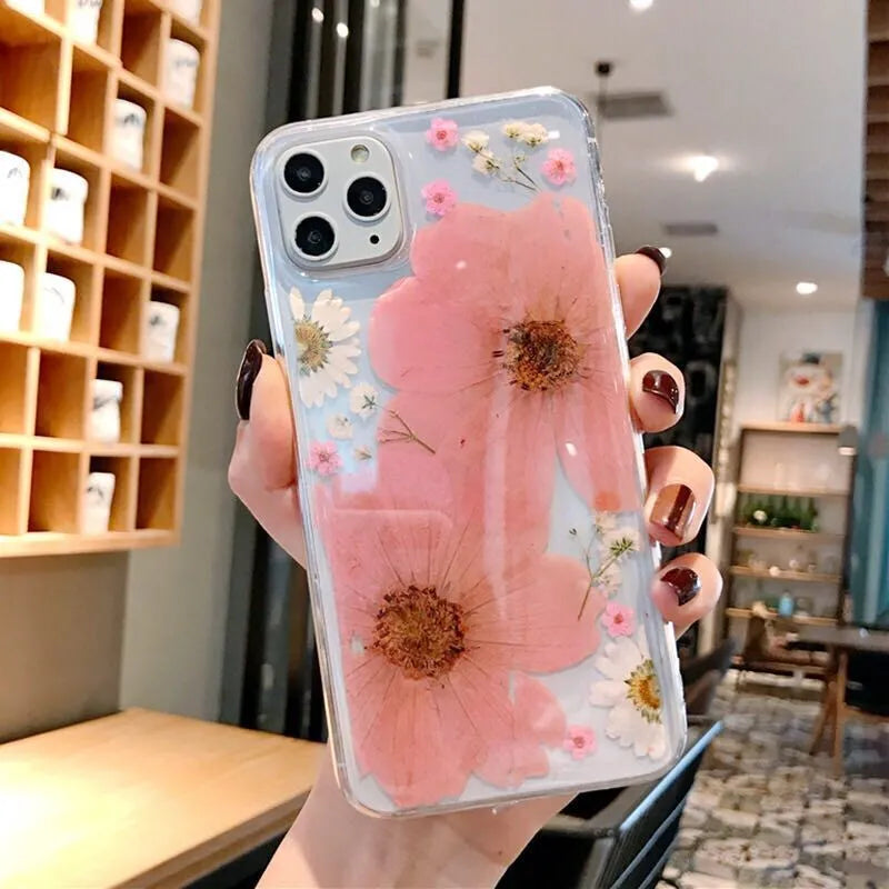 Floral TPU back cover phone case for iPhone showing large pink flower and large yellow flower design options.