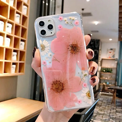 Floral TPU back cover phone case for iPhone showing large pink flower and large yellow flower design options.
