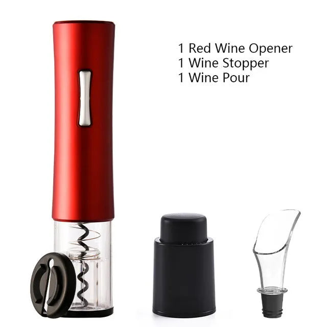 Black electric wine opener with transparent cover and aluminum foil cutter on wooden table