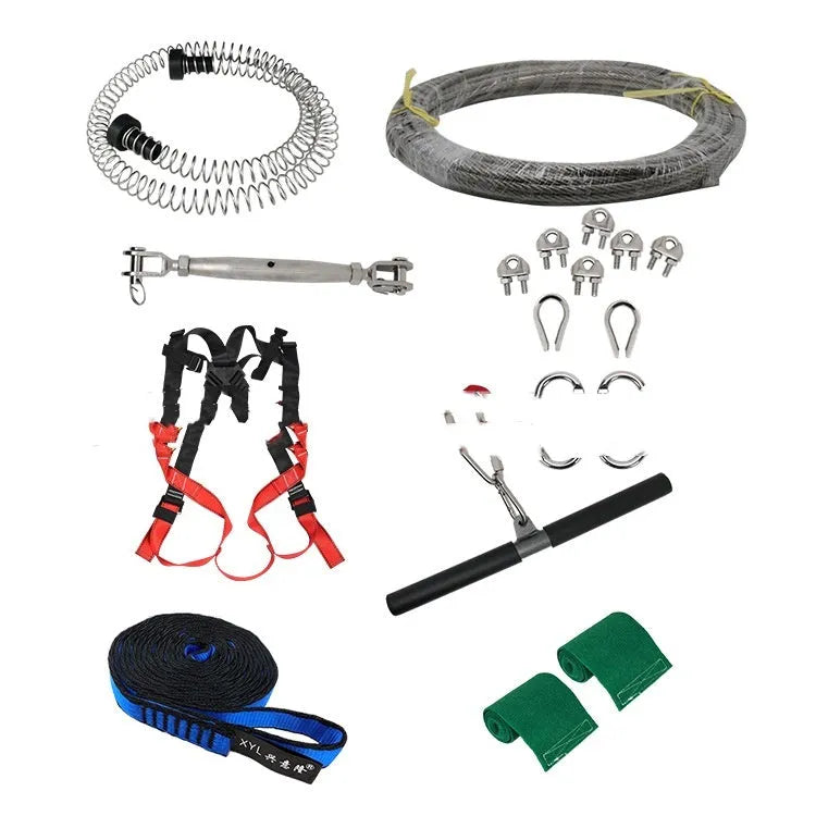 XYL Ziptreck 10-metre pulley slide rope set with handle, safety retractor, and multiple alloy steel locks laid out.