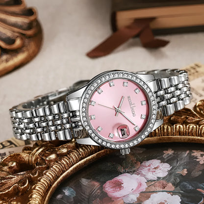 Women's silver alloy quartz watch with circular dial and stainless steel folding buckle.