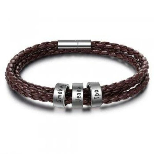 A personalized leather bracelet with engraved beads, a thoughtful gift for men