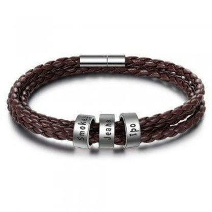 A personalized leather bracelet with engraved beads, a thoughtful gift for men