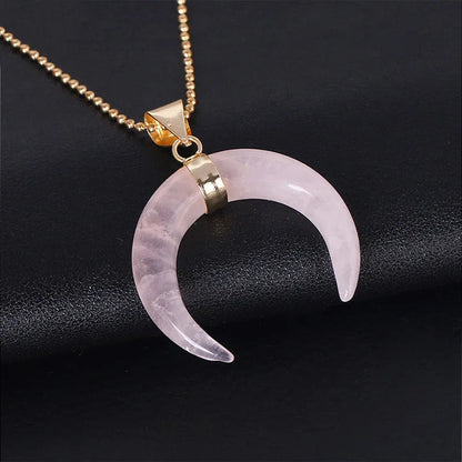Natural stone moon pendant necklace with electroplated copper chain in pink or purple colour options