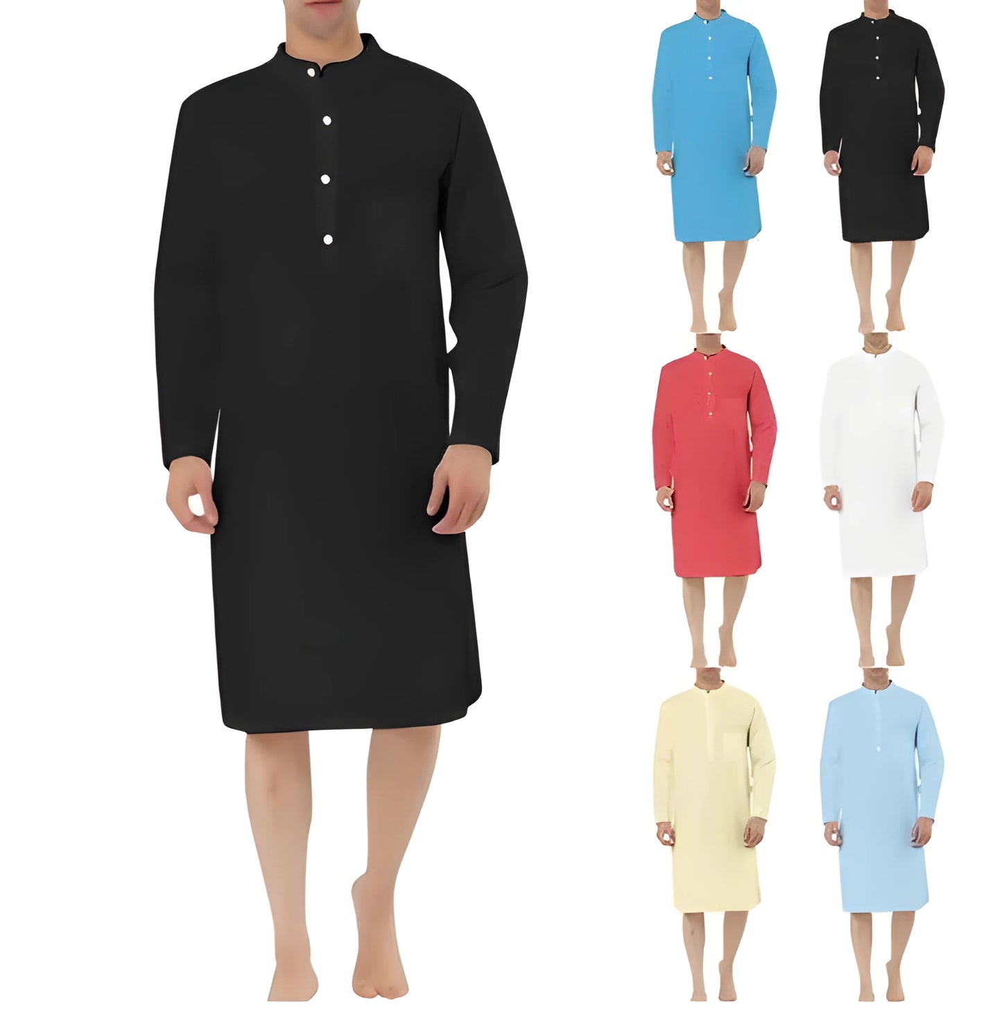 Man wearing a dark blue cotton shirt robe with button front, long sleeves, and side pockets.