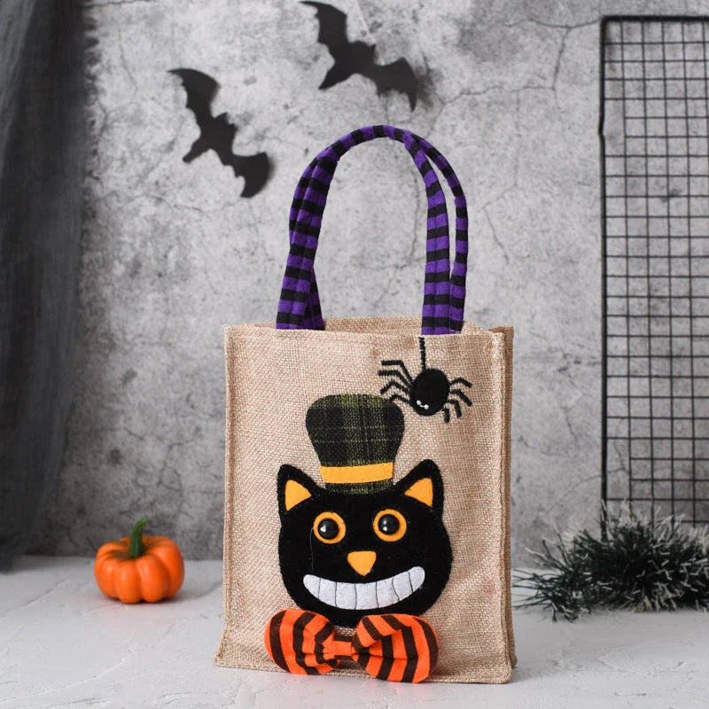 Charming Halloween tote bag made of high-quality fabric with cartoon designs, perfect for carrying candy, gifts, and other holiday essentials