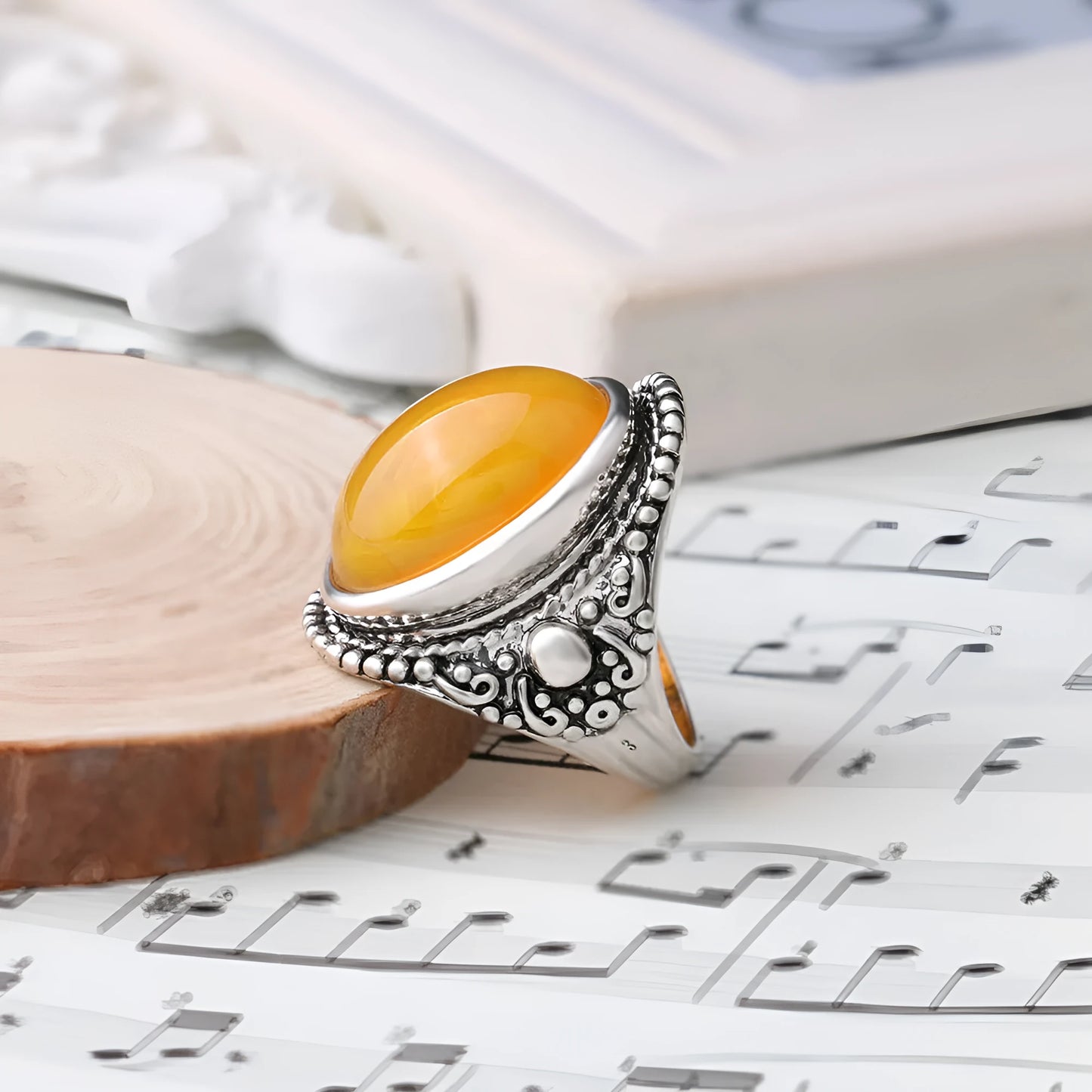 Retro geometric alloy ring with antique silver electroplating and fluorescent beeswax amber detail