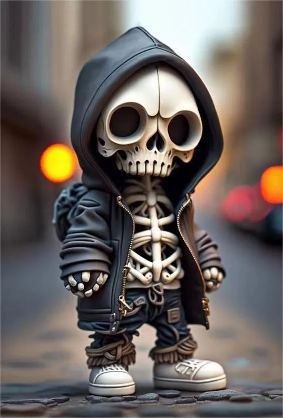 Resin skeleton figurine ornament measuring 15cm tall with detailed sculptural elements
