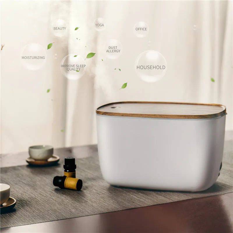 GX-22K white ultrasonic humidifier and aromatherapy diffuser unit with night light on a wooden surface.