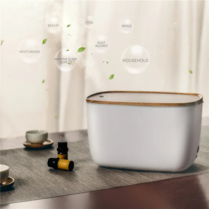 GX-22K white ultrasonic humidifier and aromatherapy diffuser unit with night light on a wooden surface.