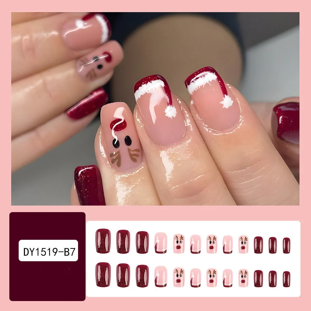 24pcs Christmas false nails with hat striped snowflake design for festive holiday wear