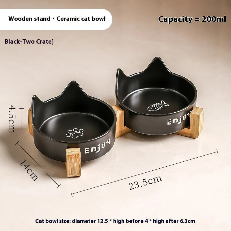 Porcelain cat bowl with cat ear design in 2-in-1 configuration for food and water
