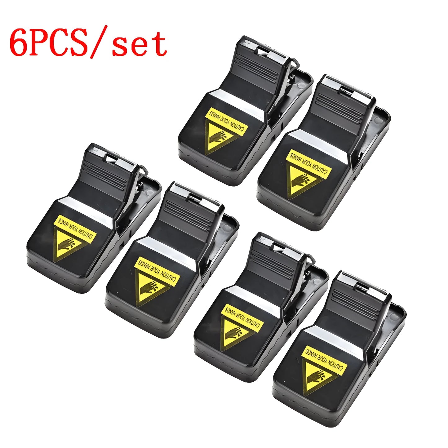 Six black plastic snapping mousetraps laid out on a surface, showing their size and smooth construction.