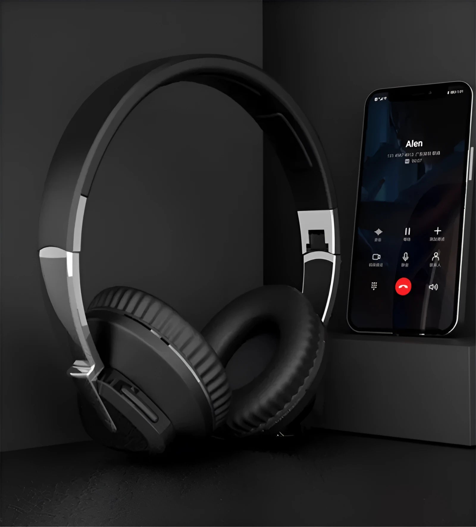 H3 wireless over-ear headset in black showing AUX port and on-ear controls.