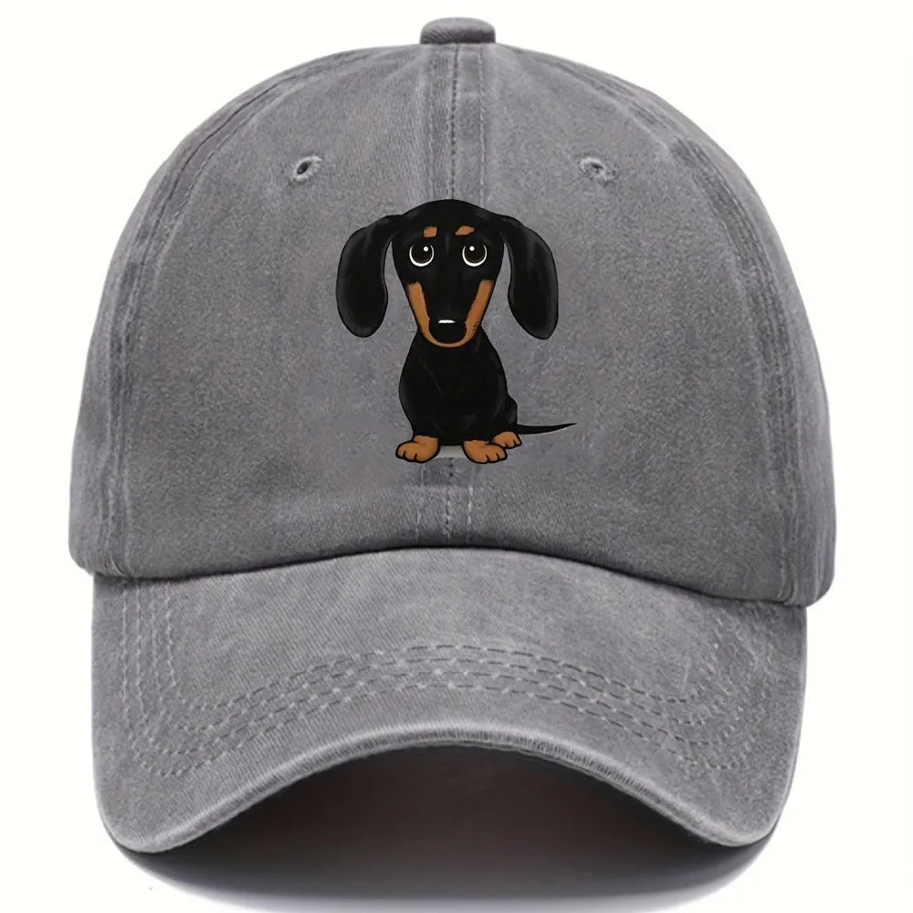 Retro washed cotton baseball cap with an embroidered Dachshund dog print on the front.