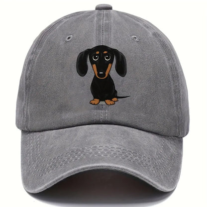Retro washed cotton baseball cap with an embroidered Dachshund dog print on the front.