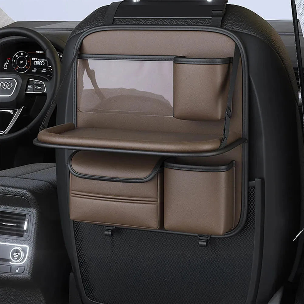 Leather car seat hanging storage bag with a fold-out dining table in black colour