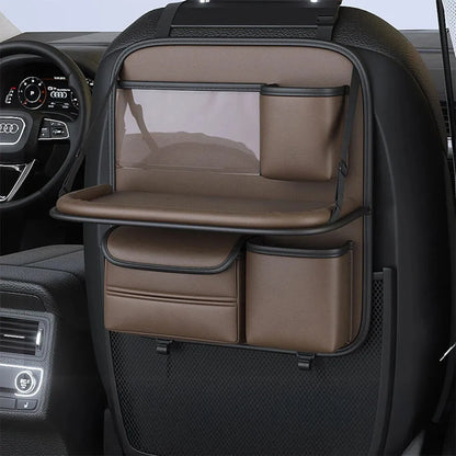 Leather car seat hanging storage bag with a fold-out dining table in black colour