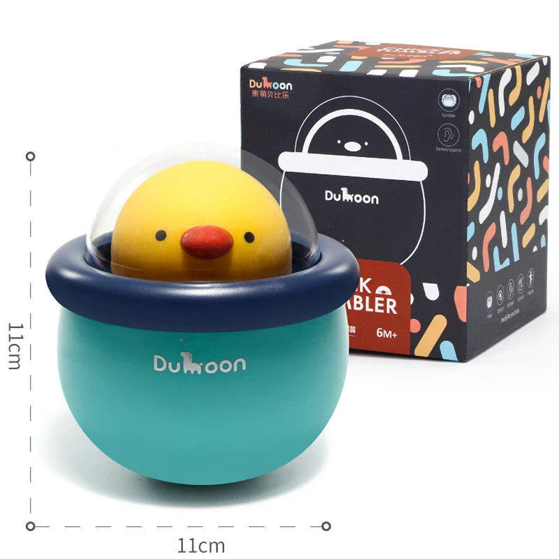 A colourful rattle tumbler toy with a built-in bell, designed to captivate and stimulate a baby's senses during play