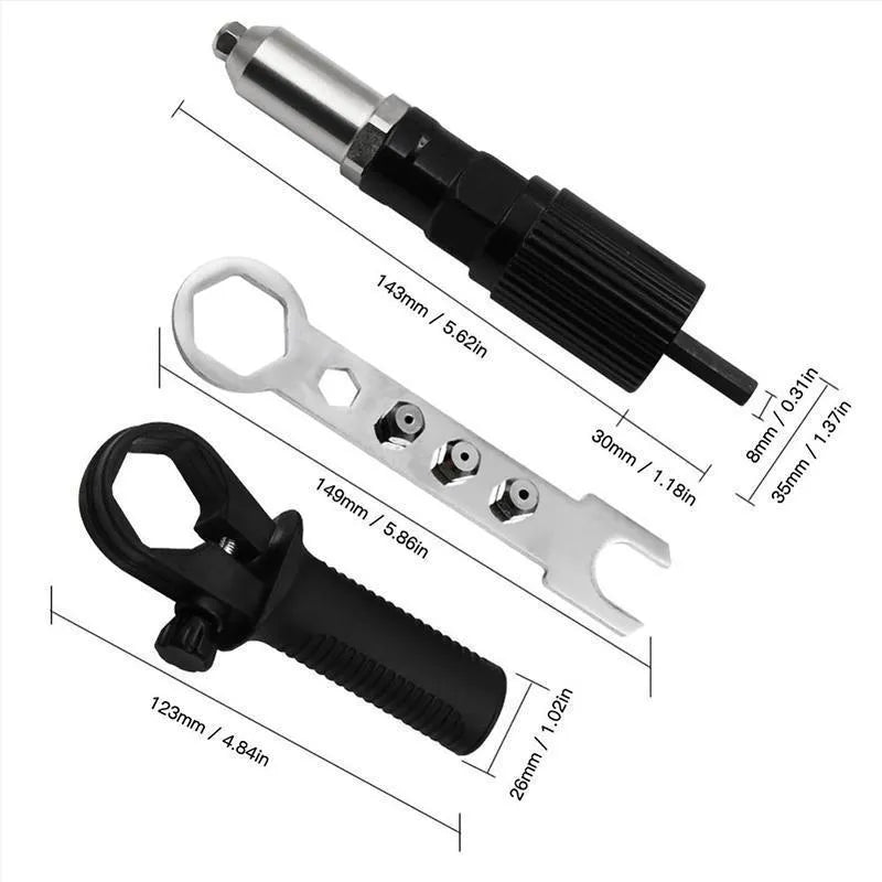 Alloy steel electric drill rivet gun adapter kit with four rivet heads and a wrench.