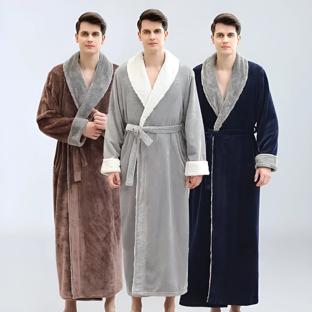 Men's winter long bathrobe in coral fleece, sleeveless no-collar, light grey navy blue brown, sizes M L XL.