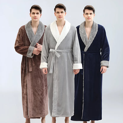Men's winter long bathrobe in coral fleece, sleeveless no-collar, light grey navy blue brown, sizes M L XL.