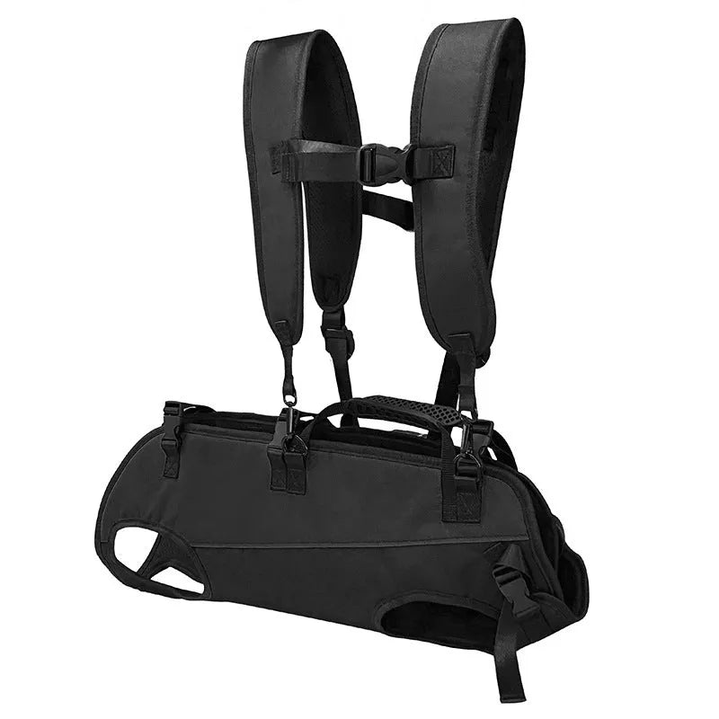 Black soft-sided Oxford cloth pet backpack for dogs and cats with colour accents, shown in backpack carry mode.