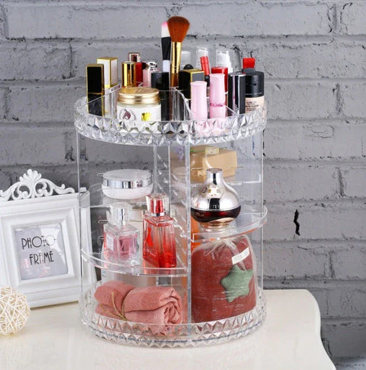 Rotating makeup organizer with detachable drawers in various finishes, including white, black, and transparent options