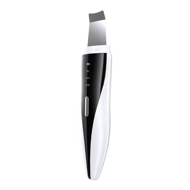 Ultrasonic electric beauty instrument in black and white with stainless steel scraper, USB charging, and four light modes.