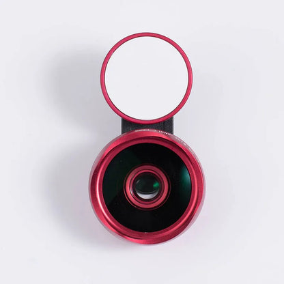 External wide-angle lens and colourful LED light ring attached to a smartphone via a universal mounting clip.