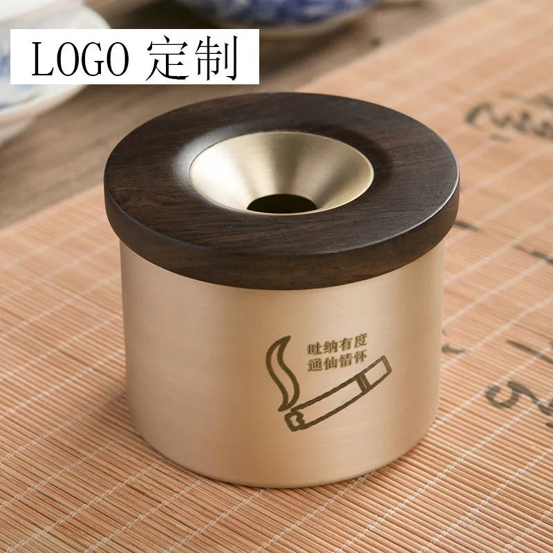 Retro brass ashtray with wooden lid on copper base, showing 12cm diameter and central hole
