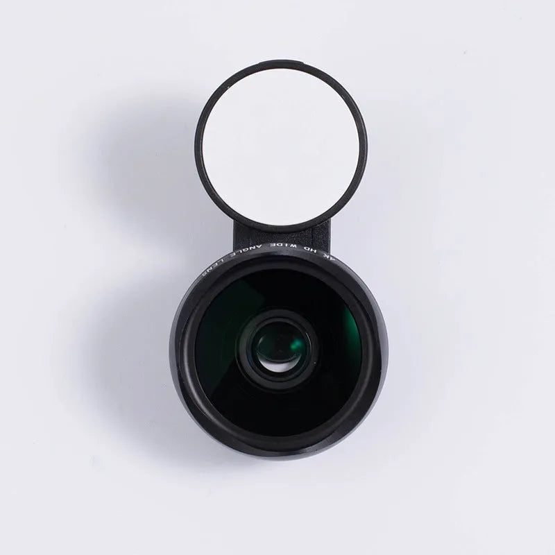 External wide-angle lens and colourful LED light ring attached to a smartphone via a universal mounting clip.