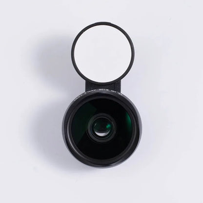 External wide-angle lens and colourful LED light ring attached to a smartphone via a universal mounting clip.