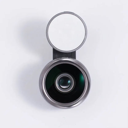 External wide-angle lens and colourful LED light ring attached to a smartphone via a universal mounting clip.