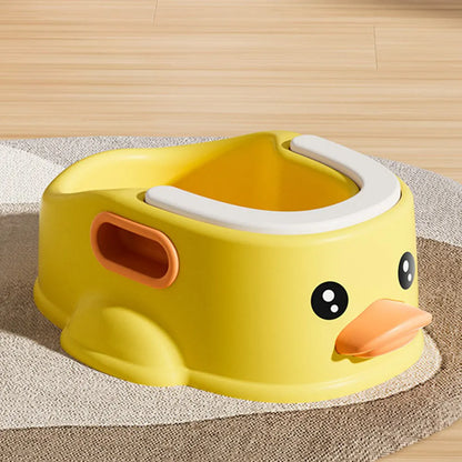 Blue PVC duck-shaped bathtub for washing a small dog, shown on a tiled floor.