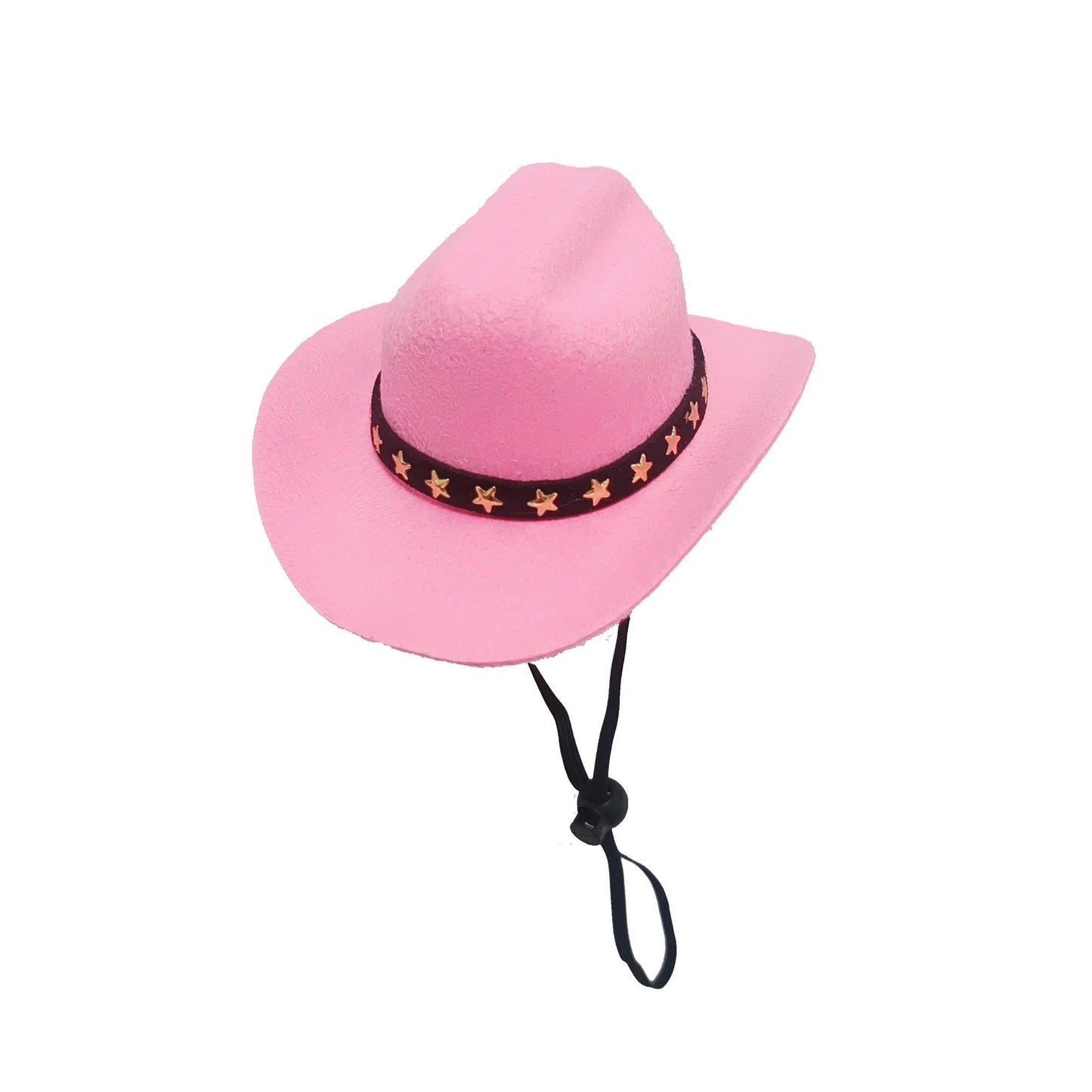 A small black cowboy hat with white stars on a non-slip surface, showing its adjustable strap.