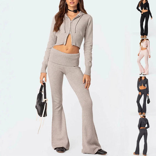 Women's stylish knitted hooded suit with flared pants in various colors