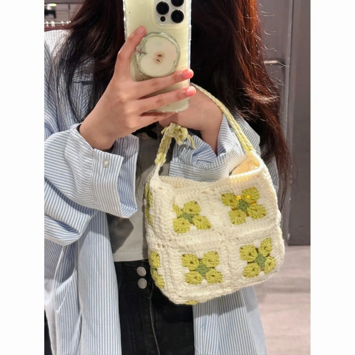 Handmade crochet cherry blossom cotton handbag with magnetic closure in pink or green
