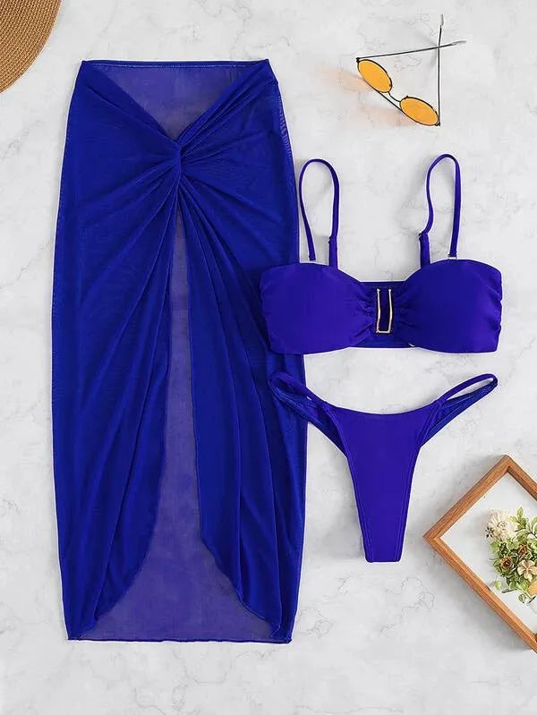 Women's multicolour French-style bikini three-piece set featuring a long culotte skirt.