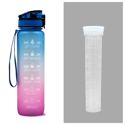 Blue and red gradient 1 litre Tritan sports water bottle with time markers and a flip-top lid.