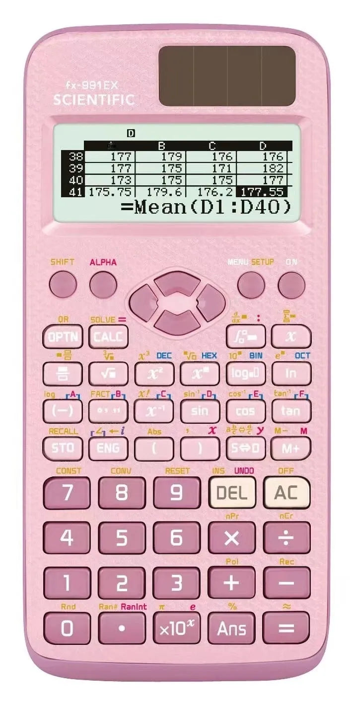 991EX scientific calculator in black, blue, or pink for complex statistics and algebra.