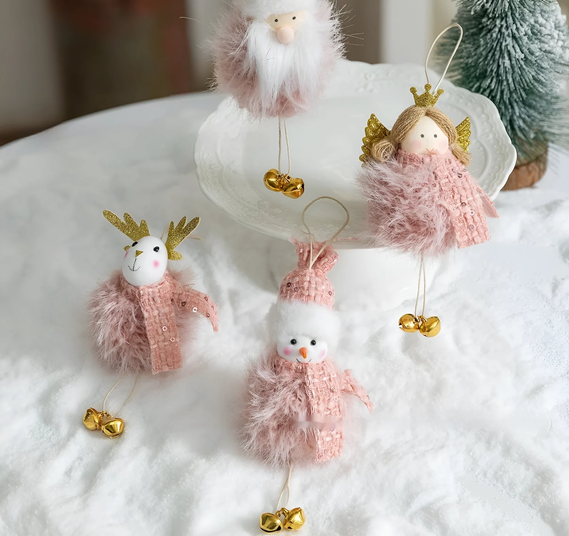 Pink plush snowman doll pendant Christmas decoration with hanger