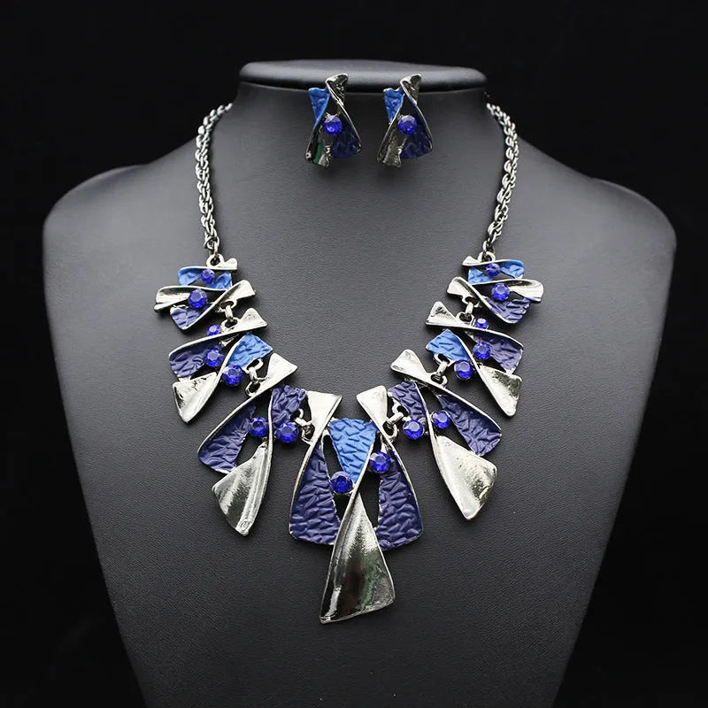 Alloy diamond necklace and earrings set with water wave chain, mixed stone pendant, blue or multicolour.