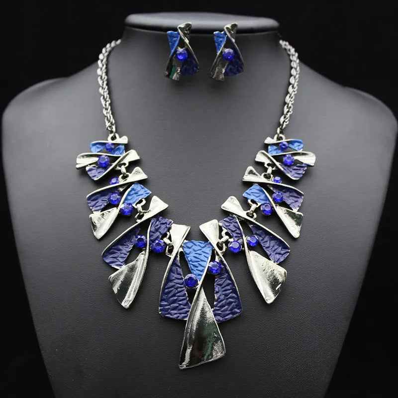 Alloy diamond necklace and earrings set with water wave chain, mixed stone pendant, blue or multicolour.