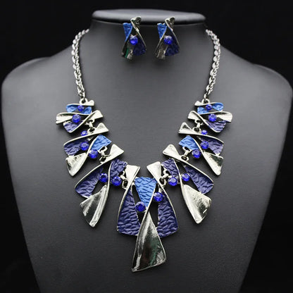 Alloy diamond necklace and earrings set with water wave chain, mixed stone pendant, blue or multicolour.