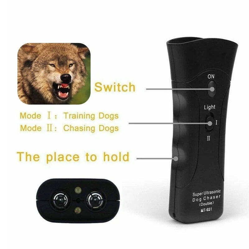 3-in-1 Anti Barking Dog Training Device with ultrasonic repeller and LED flashlight features