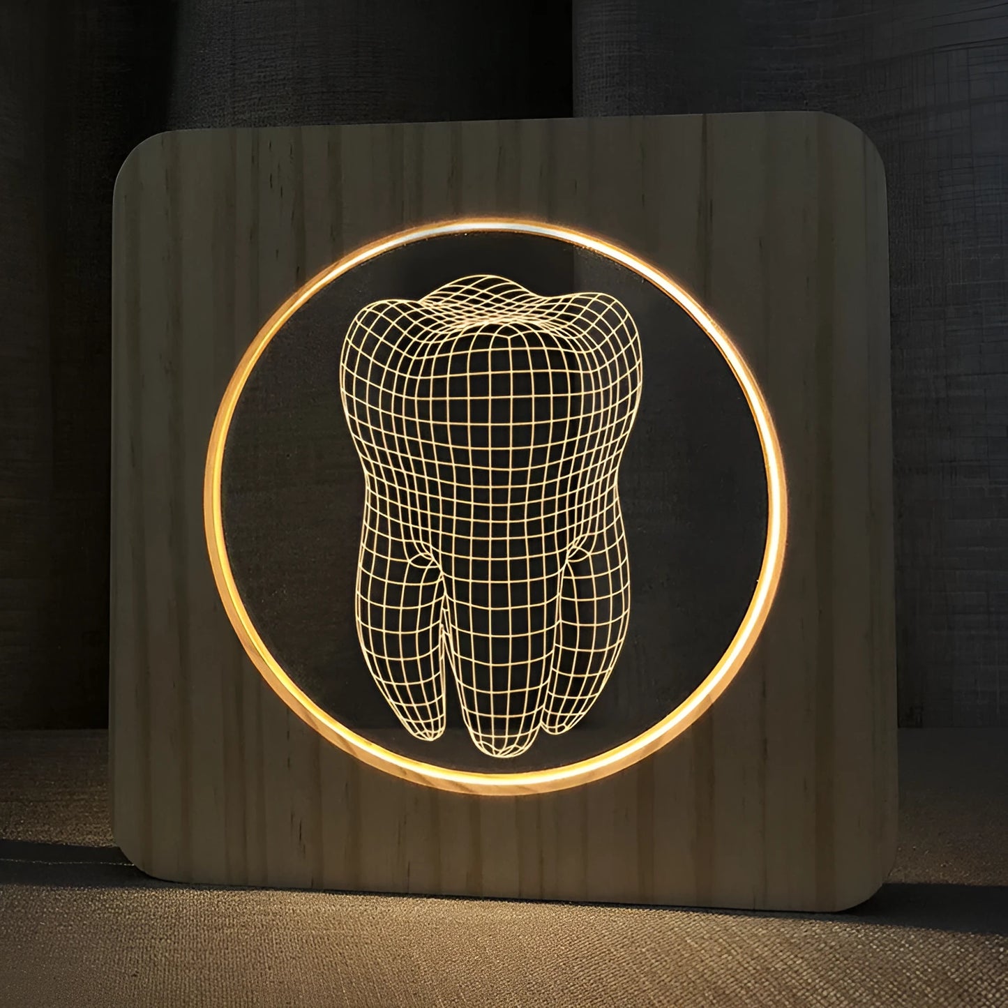 Tooth shape wood colour acrylic night lamp measuring 190x190x30mm with USB cable
