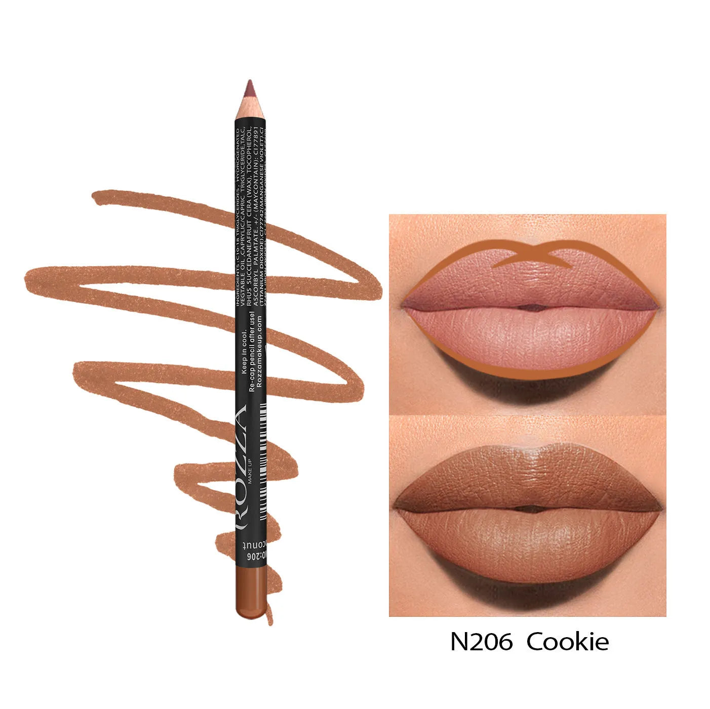 Matte finish lip liner pencil shown in a case, with 14 shade options from 201 to 214 for lip contouring.
