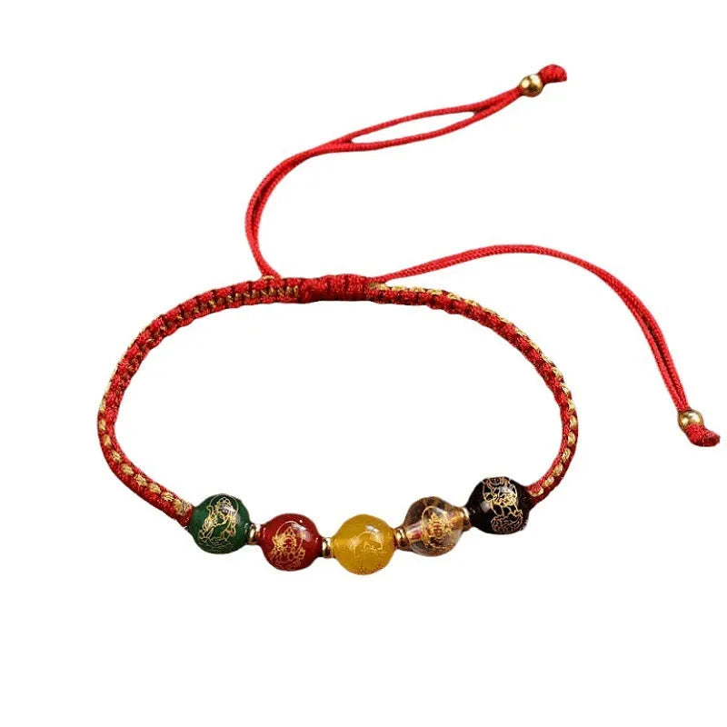 Hand-woven Five Gods of Wealth agate bracelet with geometric stone and red or black braided cord